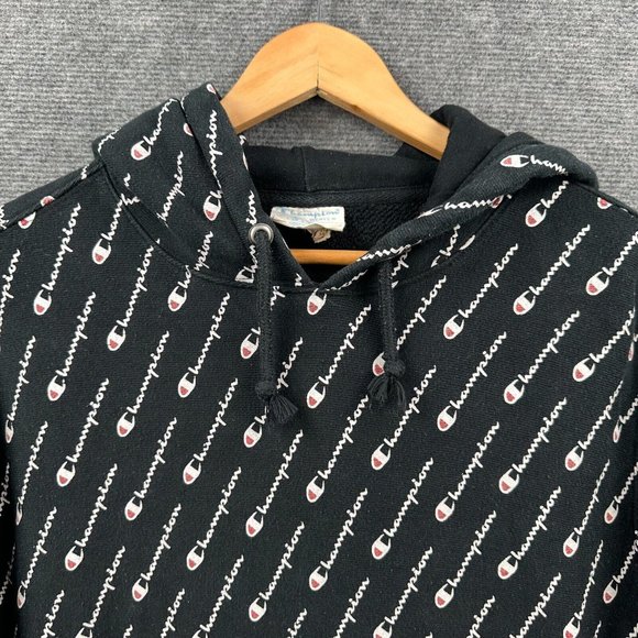 Champion Jumper Mens Large All Over Print Reverse Weave Hoodie Pullover Black - Picture 2 of 11